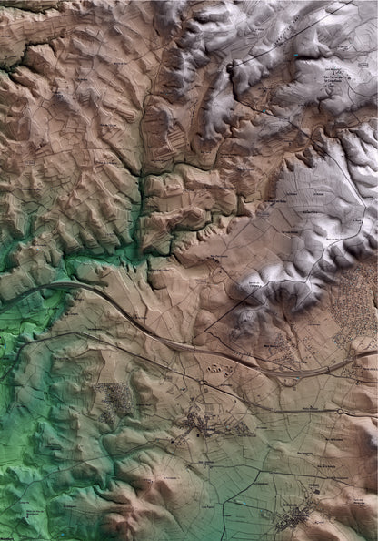 Mapa artístico del relieve de Montferri, al Alt Camp, con 15 km de entorno y base topográfica ICGC. Detalle de la zona superior derecha.