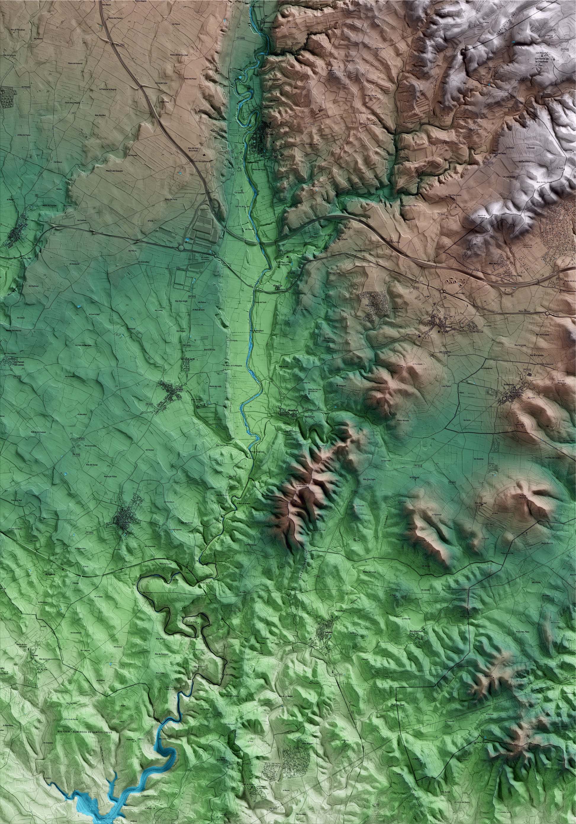 Mapa artístico del relieve de Montferri, al Alt Camp, con 15 km de entorno y base topográfica ICGC