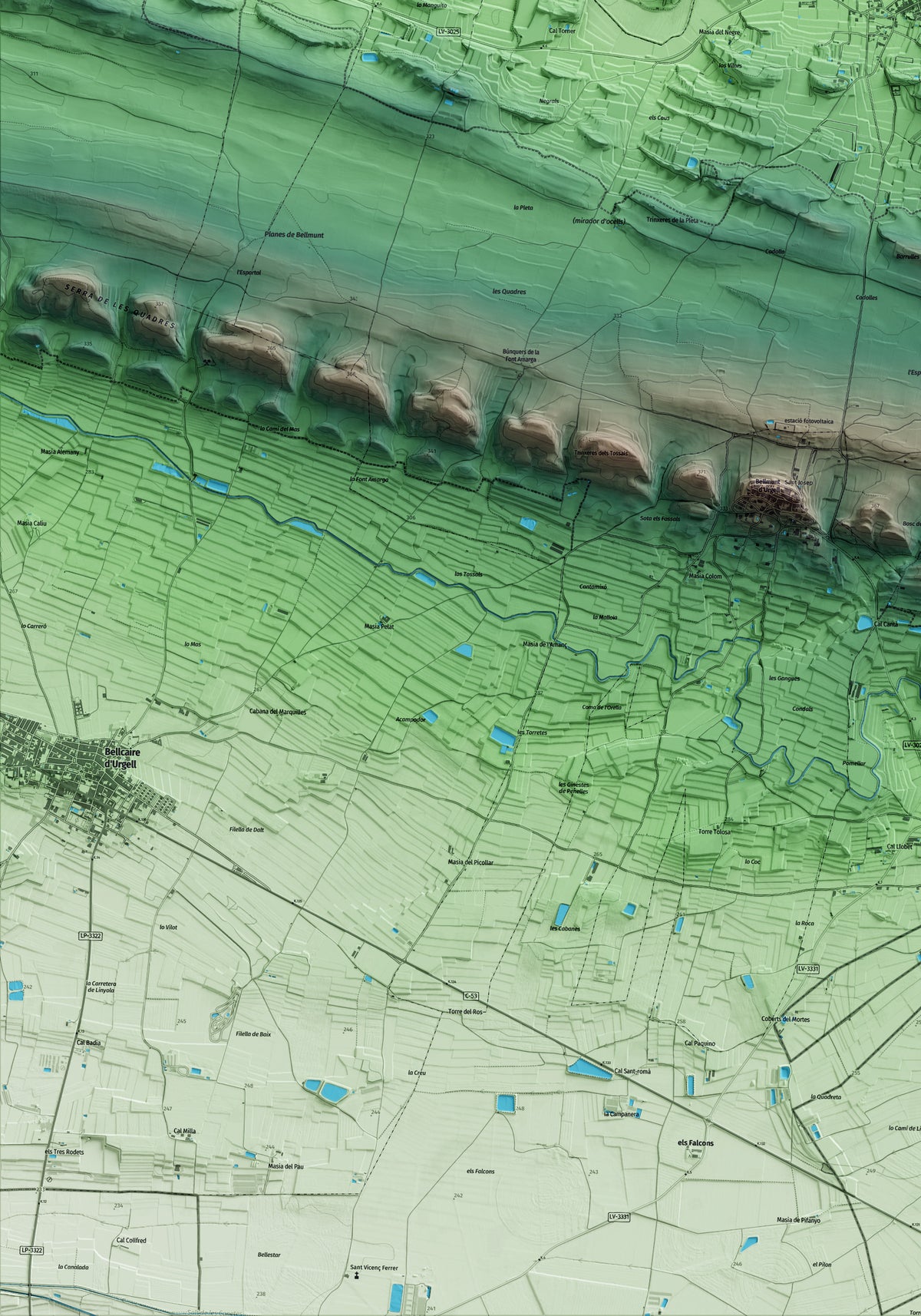 Mapa artístico del relieve de Montgai, a la Noguera, con 15 km de entorno y base topográfica ICGC. Detalle de la zona inferior izquierda.