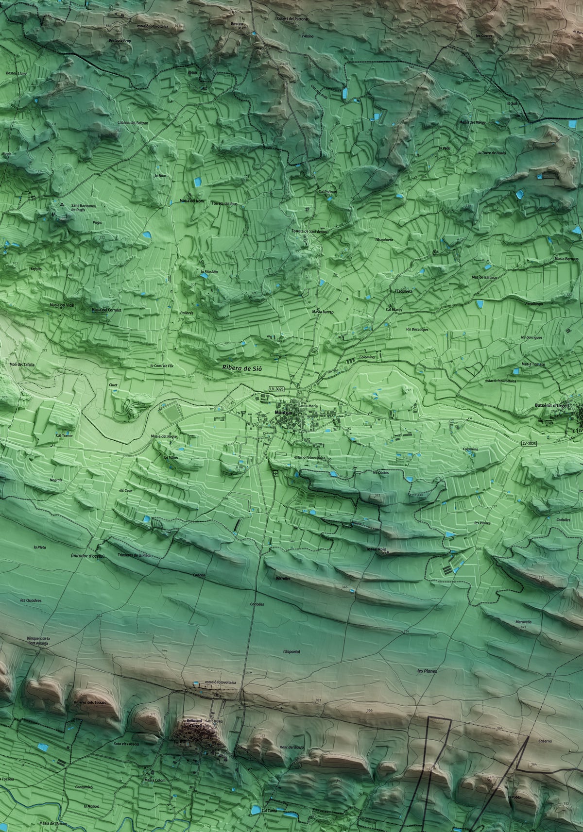 Mapa artístico del relieve de Montgai, a la Noguera, con 15 km de entorno y base topográfica ICGC. Detalle de la zona central.