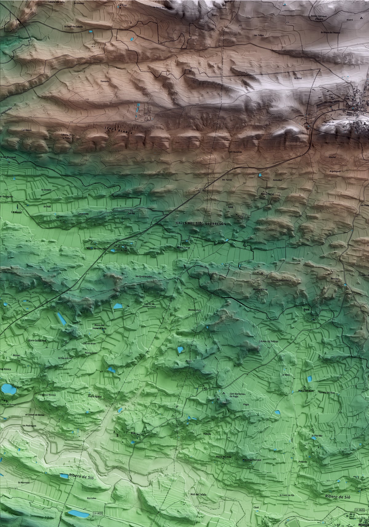 Mapa artístico del relieve de Montgai, a la Noguera, con 15 km de entorno y base topográfica ICGC. Detalle de la zona superior izquierda.