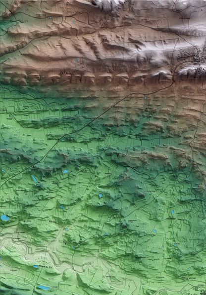 Mapa artístico del relieve de Montgai, a la Noguera, con 15 km de entorno y base topográfica ICGC. Detalle de la zona superior izquierda.