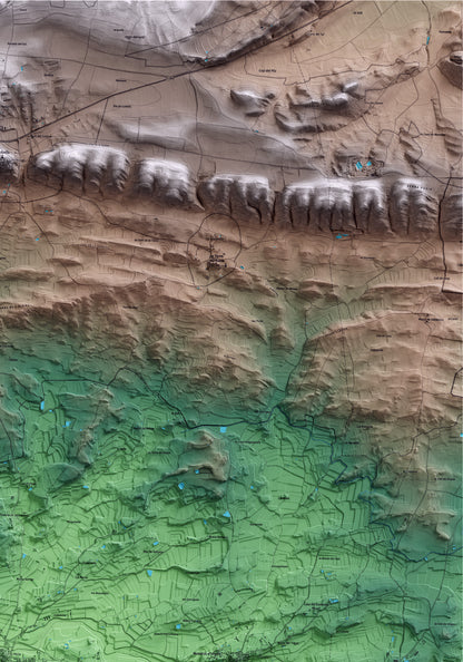 Mapa artístico del relieve de Montgai, a la Noguera, con 15 km de entorno y base topográfica ICGC. Detalle de la zona superior derecha.