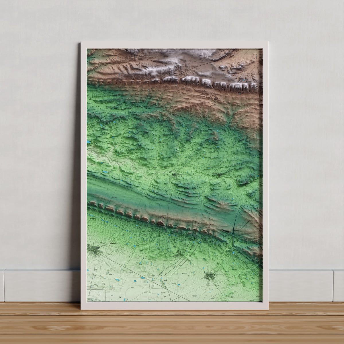 Mapa artístico del relieve de Montgai, a la Noguera, con 15 km de entorno y base topográfica ICGC. Presentación enmarcada.