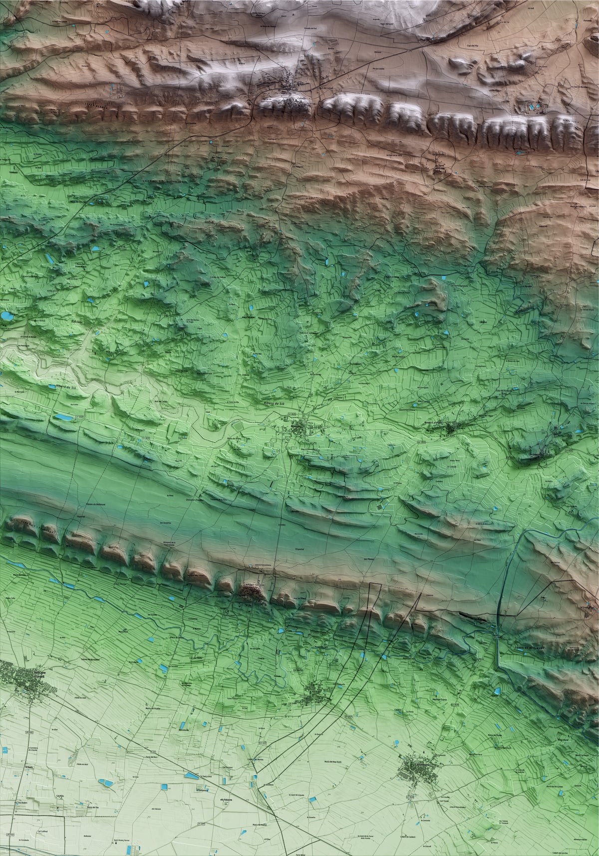 Mapa artístico del relieve de Montgai, a la Noguera, con 15 km de entorno y base topográfica ICGC