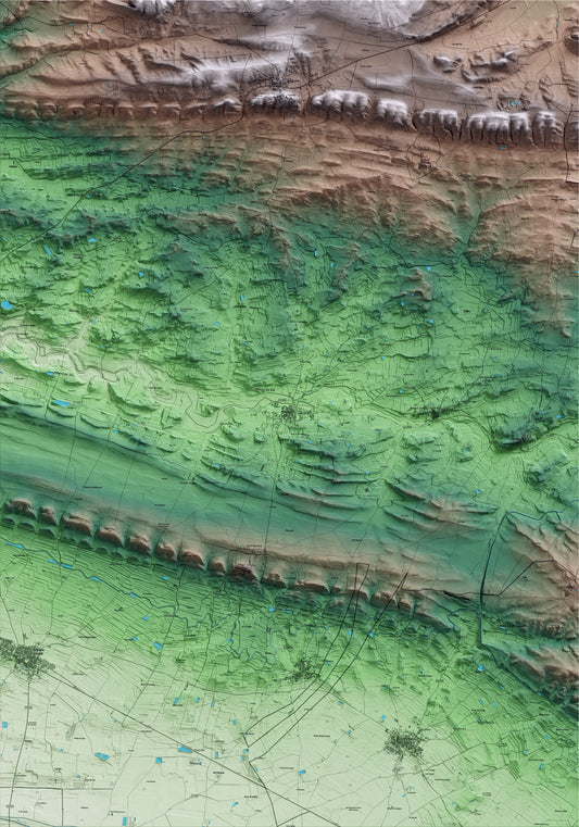 Mapa artístico del relieve de Montgai, a la Noguera, con 15 km de entorno y base topográfica ICGC