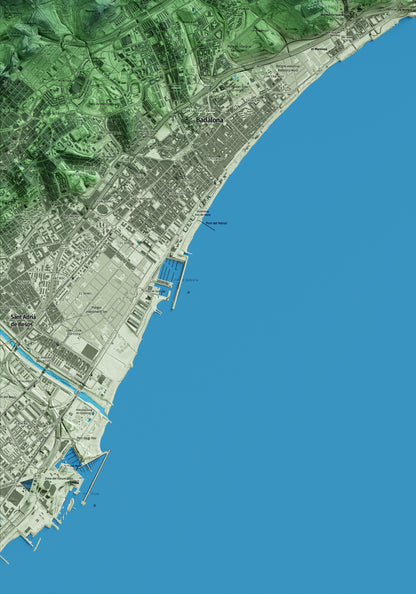 Mapa artístico del relieve de Montgat, al Maresme, con 15 km de entorno y base topográfica ICGC. Detalle de la zona inferior izquierda.