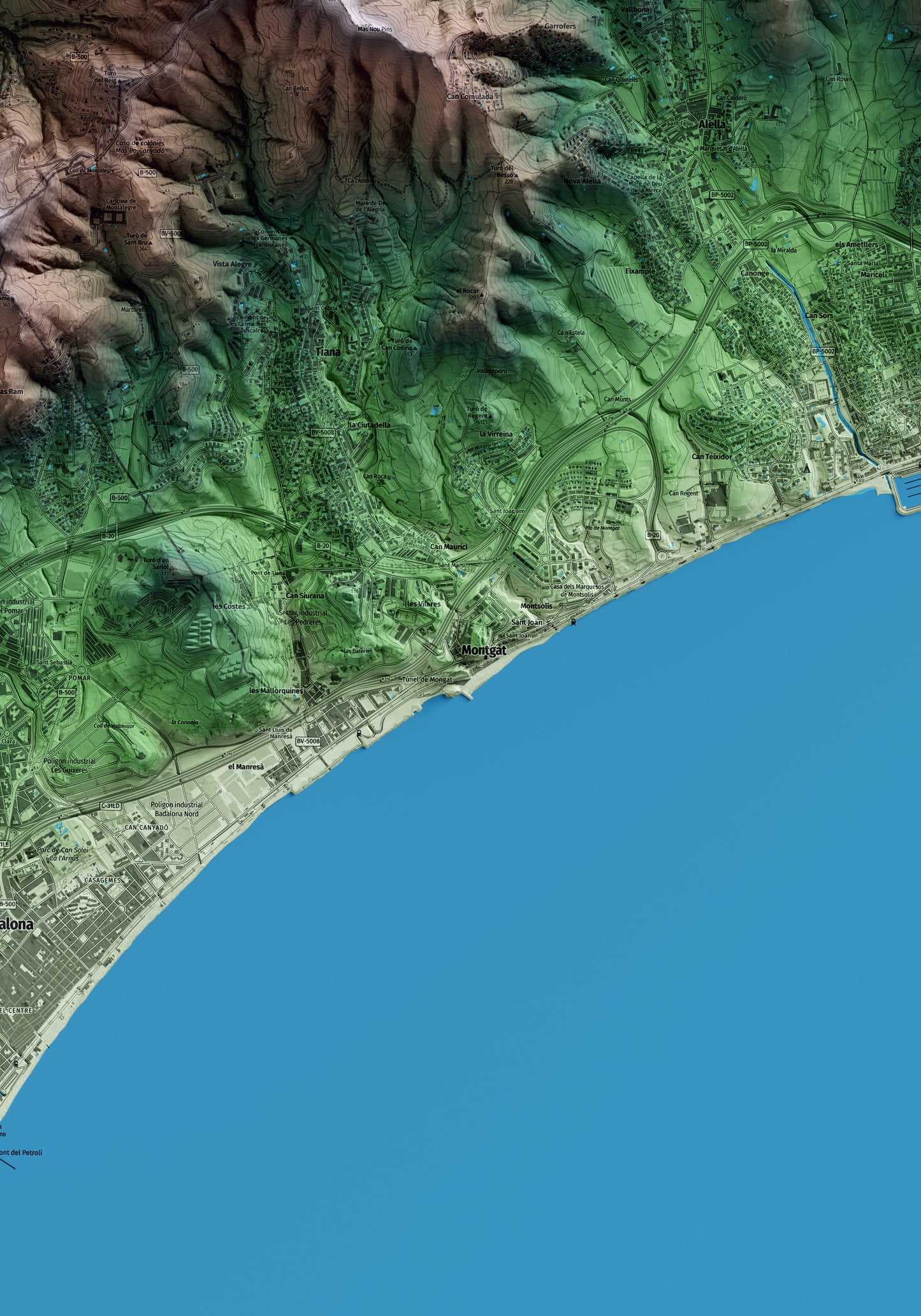 Mapa artístico del relieve de Montgat, al Maresme, con 15 km de entorno y base topográfica ICGC. Detalle de la zona central.