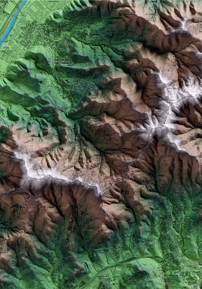 Mapa artístico del relieve de Montgat, al Maresme, con 15 km de entorno y base topográfica ICGC. Detalle de la zona superior izquierda.