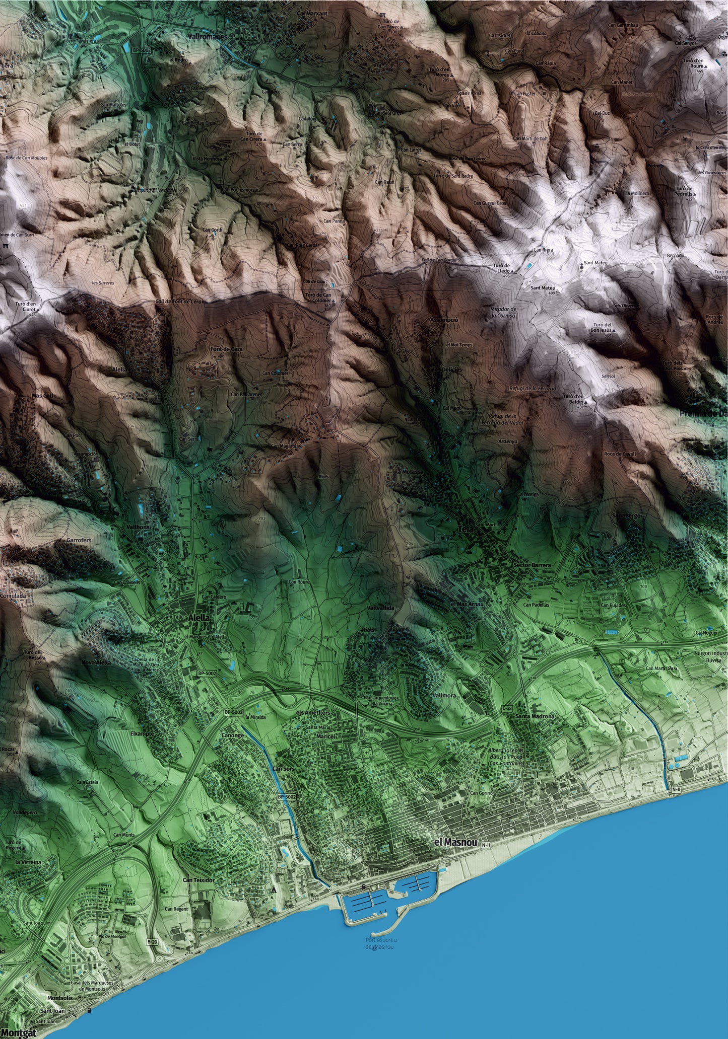 Mapa artístico del relieve de Montgat, al Maresme, con 15 km de entorno y base topográfica ICGC. Detalle de la zona superior derecha.