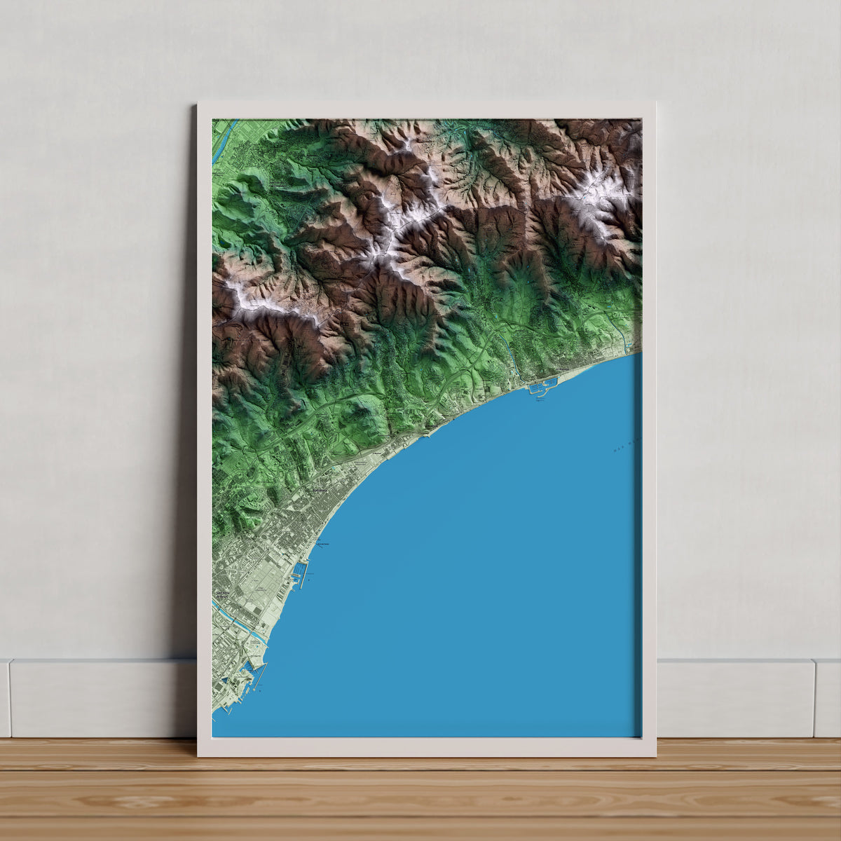 Mapa artístico del relieve de Montgat, al Maresme, con 15 km de entorno y base topográfica ICGC. Presentación enmarcada.