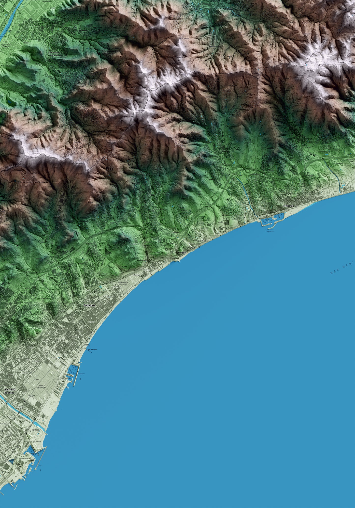 Mapa artístico del relieve de Montgat, al Maresme, con 15 km de entorno y base topográfica ICGC
