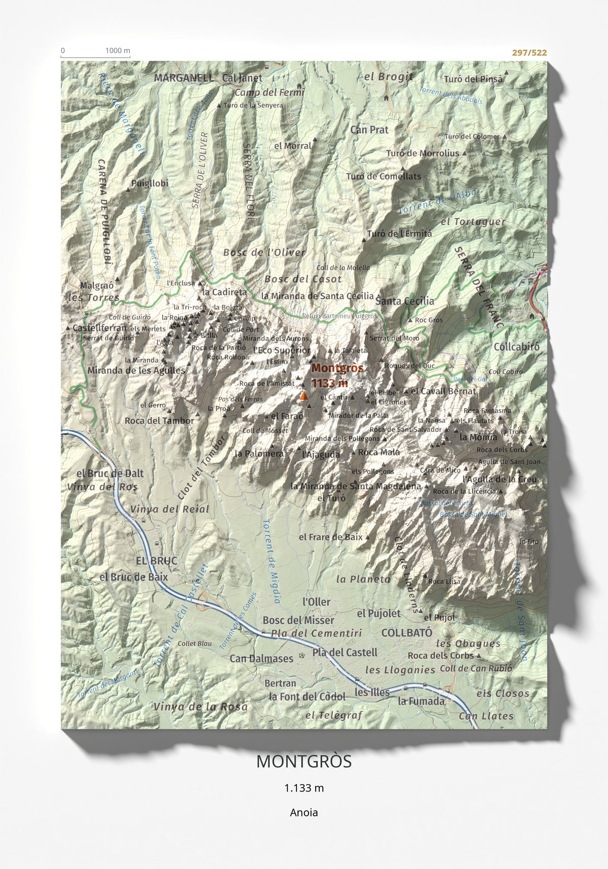 Mapa de relieve de Montgròs, 1133 m, Anoia, lámina 100 Cims de Trobart 21 × 30 cm.