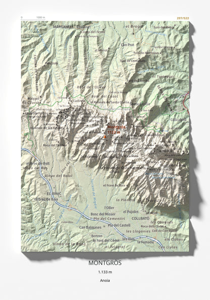 Mapa de relieve de Montgròs, 1133 m, Anoia, lámina 100 Cims de Trobart 21 × 30 cm.