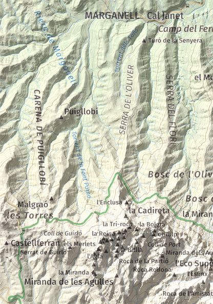 Mapa de relieve de Montgròs, 1133 m, Anoia, lámina 100 Cims de Trobart. Detalle de la zona superior izquierda. 21 × 30 cm.