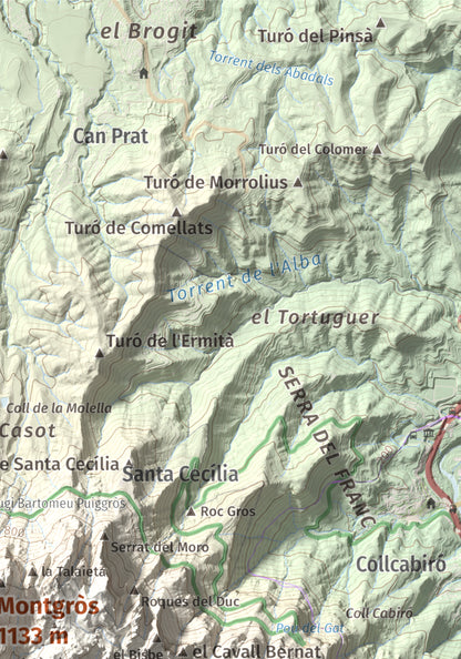 Mapa de relieve de Montgròs, 1133 m, Anoia, lámina 100 Cims de Trobart. Detalle de la zona superior derecha. 21 × 30 cm.