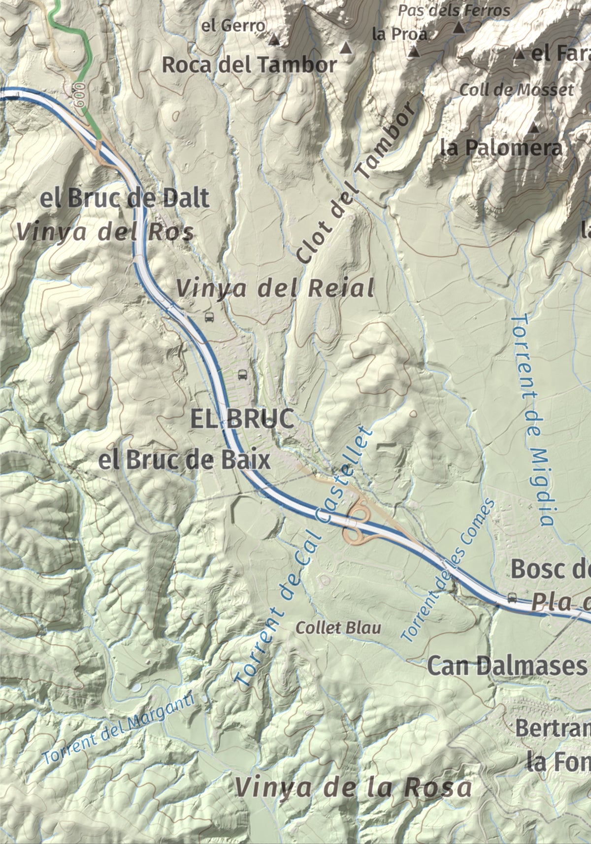 Mapa de relieve de Montgròs, 1133 m, Anoia, lámina 100 Cims de Trobart. Detalle de la zona inferior izquierda. 21 × 30 cm.