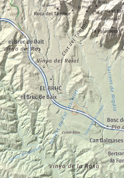 Mapa de relieve de Montgròs, 1133 m, Anoia, lámina 100 Cims de Trobart. Detalle de la zona inferior izquierda. 21 × 30 cm.