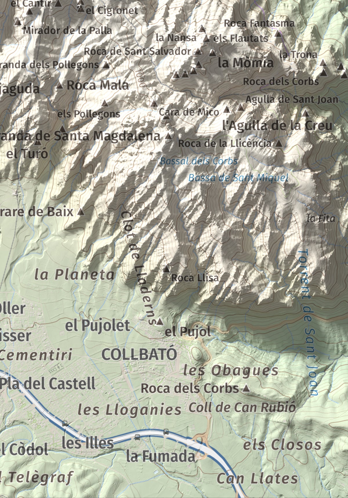 Mapa de relieve de Montgròs, 1133 m, Anoia, lámina 100 Cims de Trobart. Detalle de la zona inferior derecha. 21 × 30 cm.