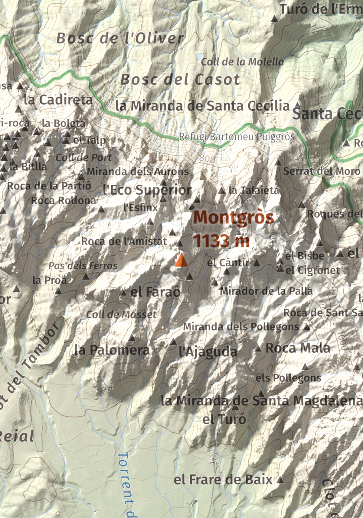 Mapa de relieve de Montgròs, 1133 m, Anoia, lámina 100 Cims de Trobart. Detalle de la zona central. 21 × 30 cm.