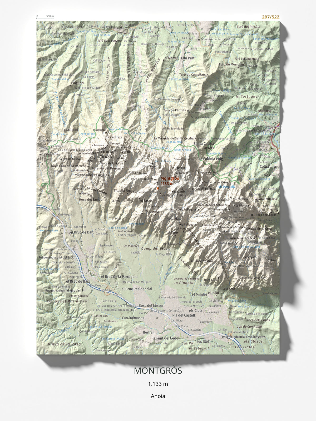Mapa de relieve de Montgròs, 1133 m, Anoia, lámina 100 Cims de Trobart 30 × 40 cm.