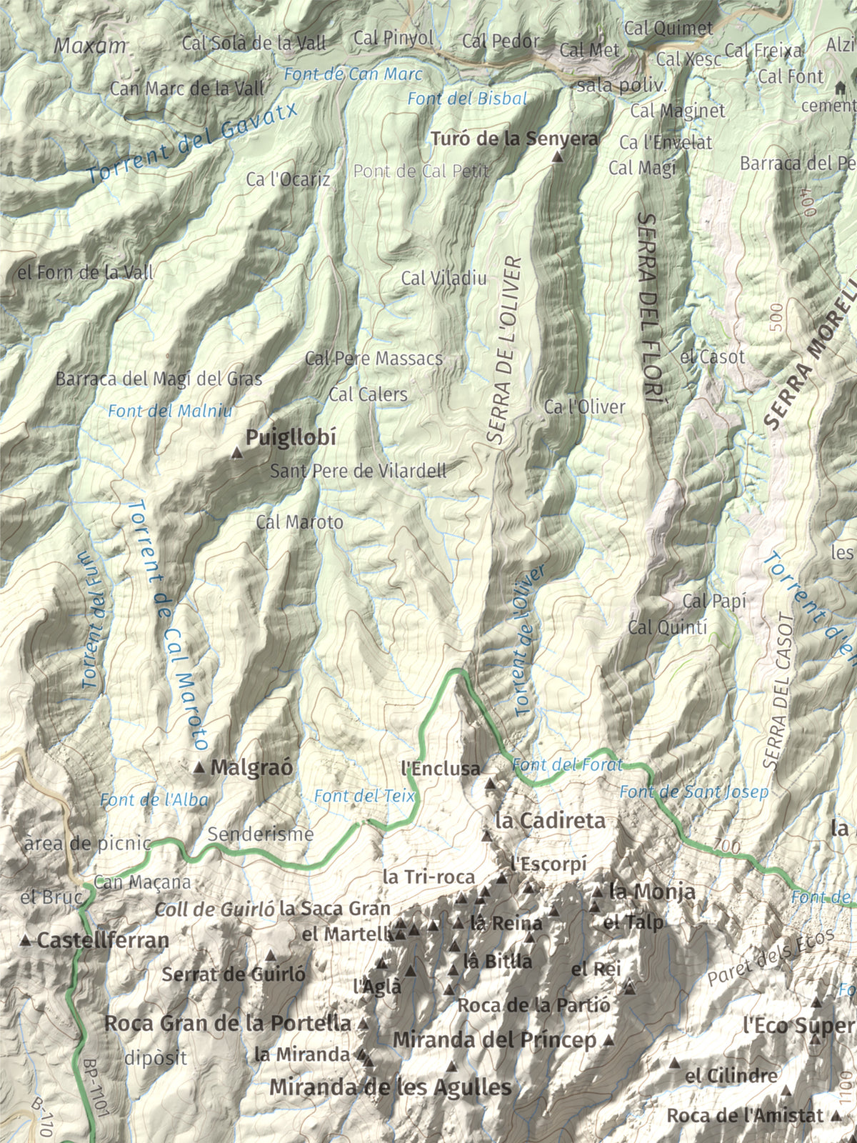 Mapa de relieve de Montgròs, 1133 m, Anoia, lámina 100 Cims de Trobart. Detalle de la zona superior izquierda. 30 × 40 cm.