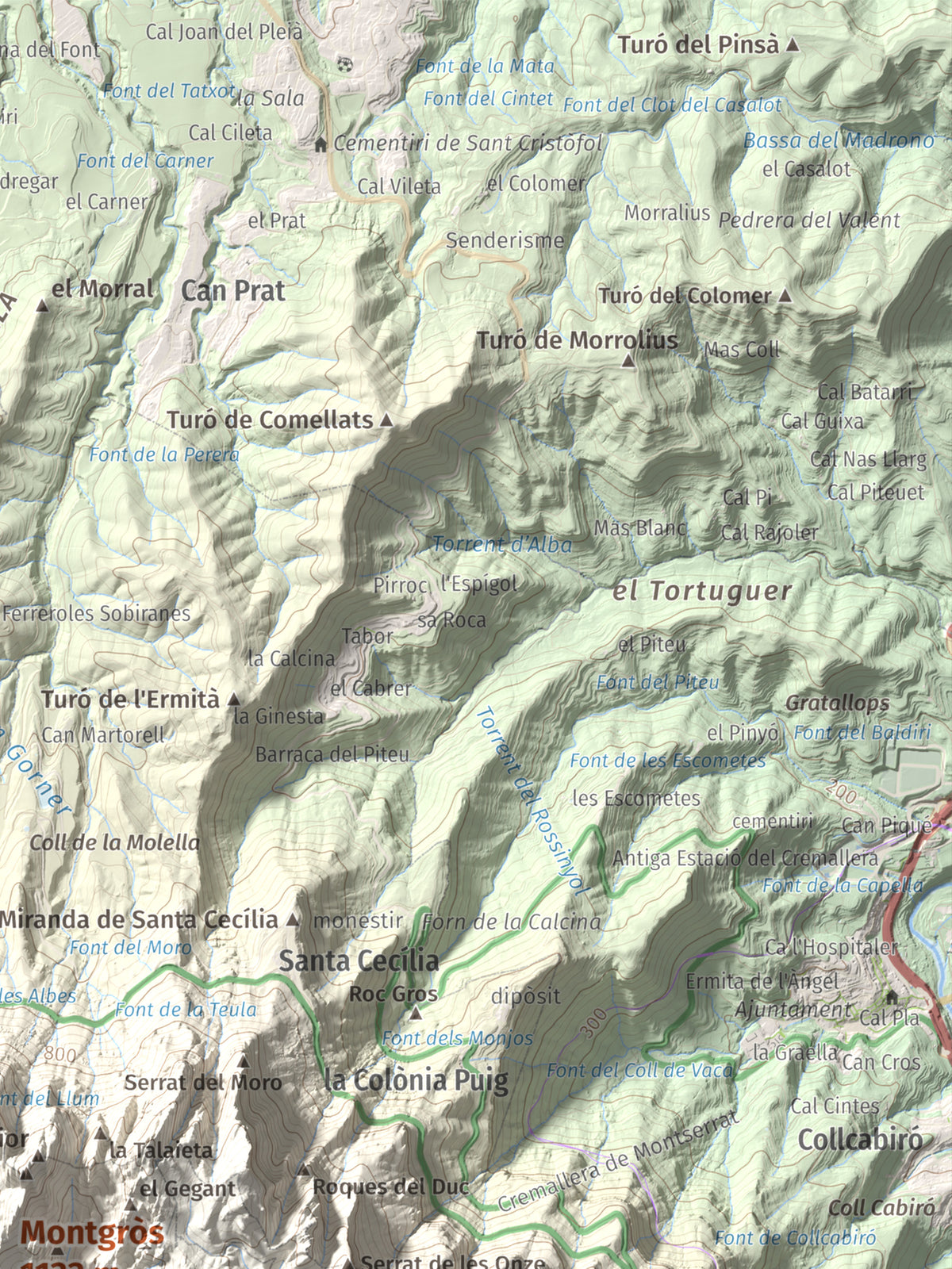 Mapa de relieve de Montgròs, 1133 m, Anoia, lámina 100 Cims de Trobart. Detalle de la zona superior derecha. 30 × 40 cm.
