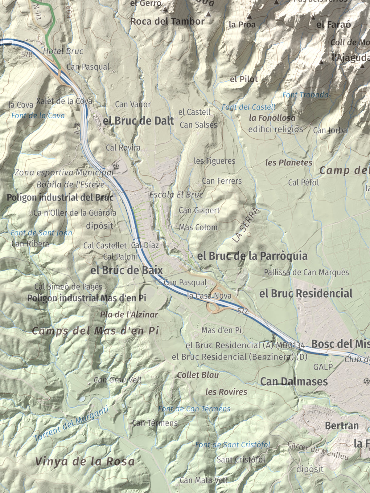 Mapa de relieve de Montgròs, 1133 m, Anoia, lámina 100 Cims de Trobart. Detalle de la zona inferior izquierda. 30 × 40 cm.