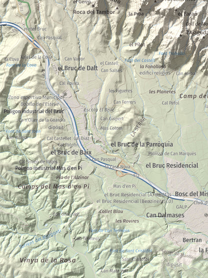 Mapa de relieve de Montgròs, 1133 m, Anoia, lámina 100 Cims de Trobart. Detalle de la zona inferior izquierda. 30 × 40 cm.