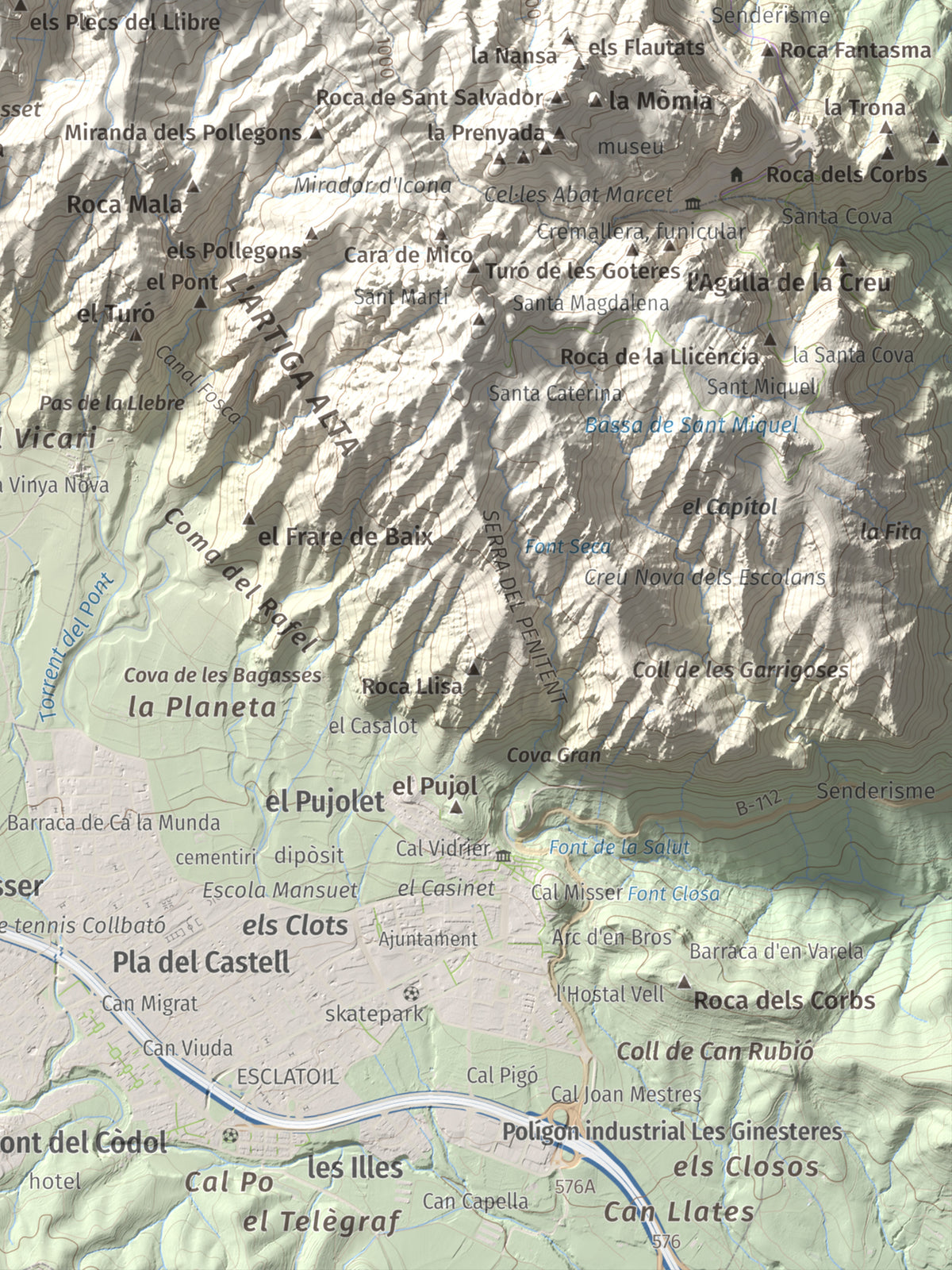 Mapa de relieve de Montgròs, 1133 m, Anoia, lámina 100 Cims de Trobart. Detalle de la zona inferior derecha. 30 × 40 cm.