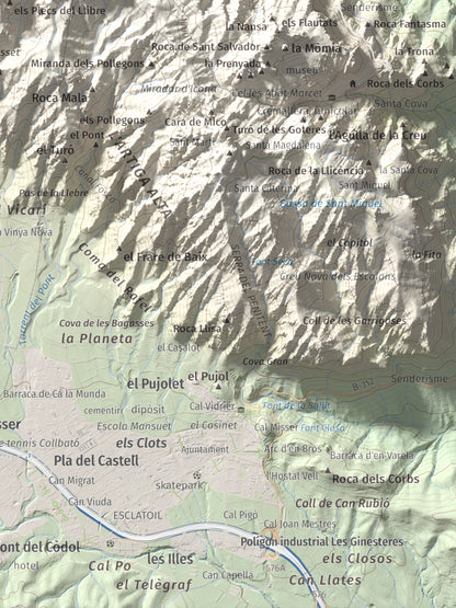 Mapa de relieve de Montgròs, 1133 m, Anoia, lámina 100 Cims de Trobart. Detalle de la zona inferior derecha. 30 × 40 cm.