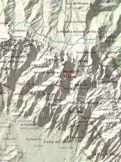 Mapa de relieve de Montgròs, 1133 m, Anoia, lámina 100 Cims de Trobart. Detalle de la zona central. 30 × 40 cm.