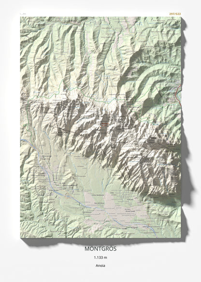 Mapa de relieve de Montgròs, 1133 m, Anoia, lámina 100 Cims de Trobart 50 × 70 cm.