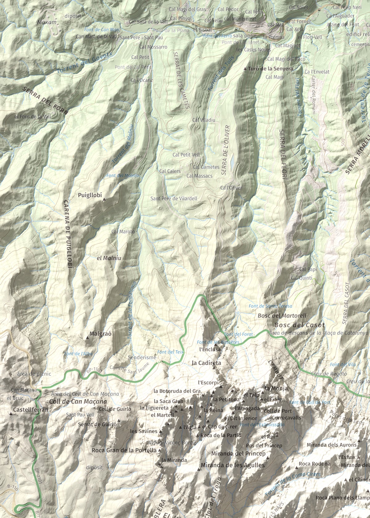 Mapa de relieve de Montgròs, 1133 m, Anoia, lámina 100 Cims de Trobart. Detalle de la zona superior izquierda. 50 × 70 cm.
