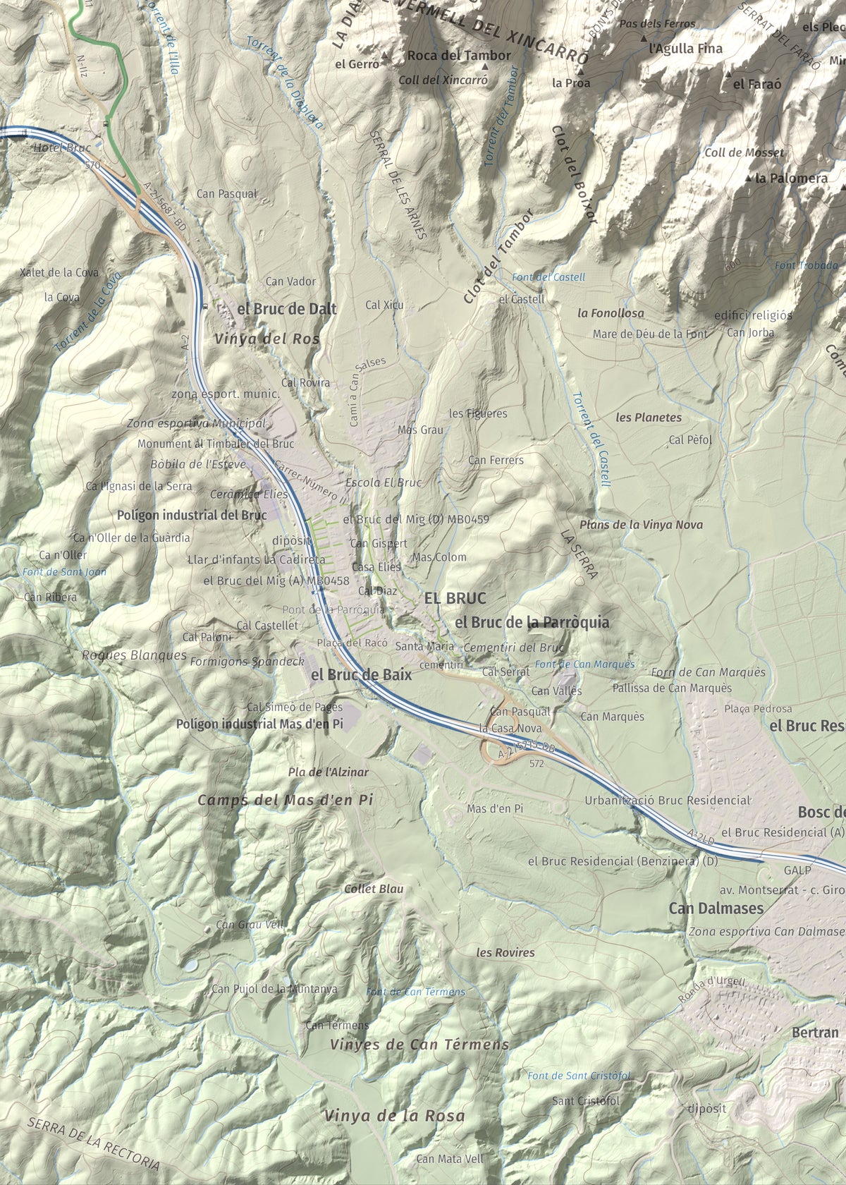 Mapa de relieve de Montgròs, 1133 m, Anoia, lámina 100 Cims de Trobart. Detalle de la zona inferior izquierda. 50 × 70 cm.