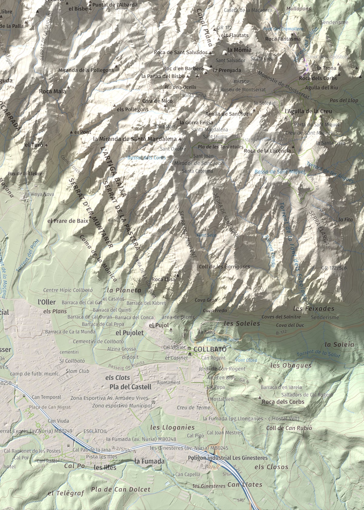Mapa de relieve de Montgròs, 1133 m, Anoia, lámina 100 Cims de Trobart. Detalle de la zona inferior derecha. 50 × 70 cm.