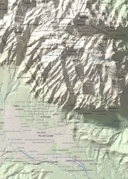 Mapa de relieve de Montgròs, 1133 m, Anoia, lámina 100 Cims de Trobart. Detalle de la zona inferior derecha. 50 × 70 cm.