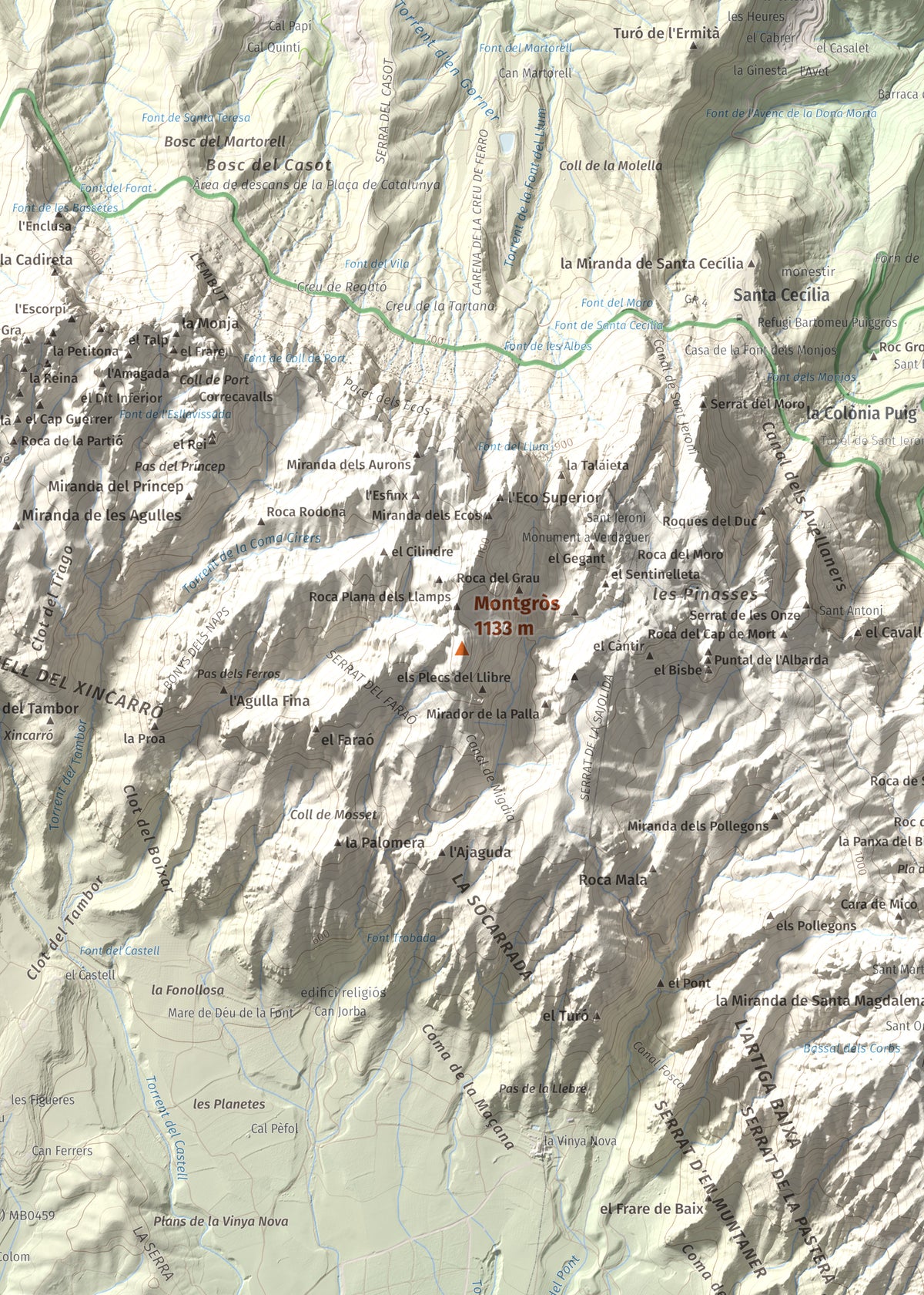 Mapa de relieve de Montgròs, 1133 m, Anoia, lámina 100 Cims de Trobart. Detalle de la zona central. 50 × 70 cm.