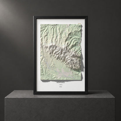 Mapa de relieve de Montgròs, 1133 m, Anoia, lámina 100 Cims de Trobart. Presentación enmarcada. 61 × 91 cm.