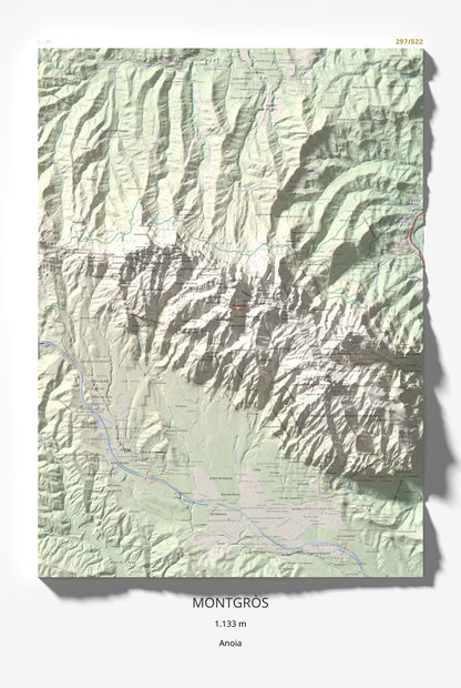 Mapa de relieve de Montgròs, 1133 m, Anoia, lámina 100 Cims de Trobart 61 × 91 cm.