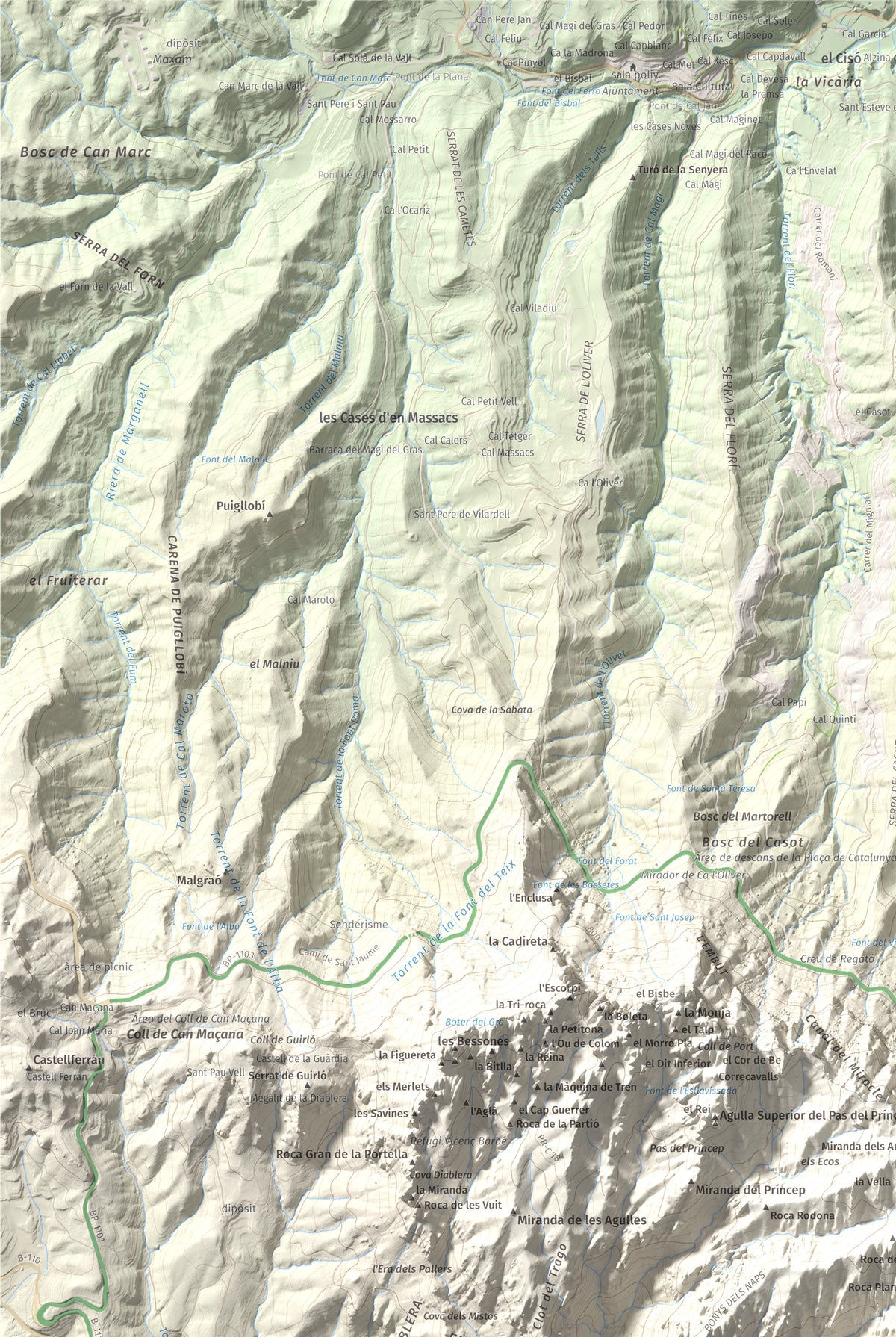 Mapa de relieve de Montgròs, 1133 m, Anoia, lámina 100 Cims de Trobart. Detalle de la zona superior izquierda. 61 × 91 cm.