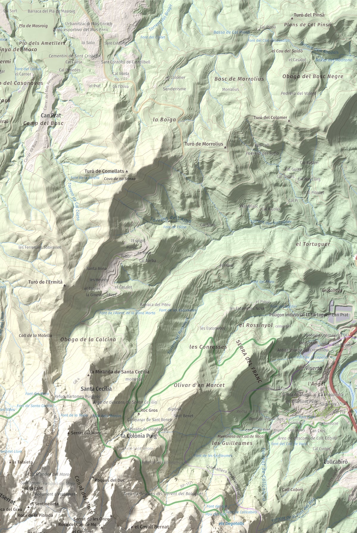 Mapa de relieve de Montgròs, 1133 m, Anoia, lámina 100 Cims de Trobart. Detalle de la zona superior derecha. 61 × 91 cm.