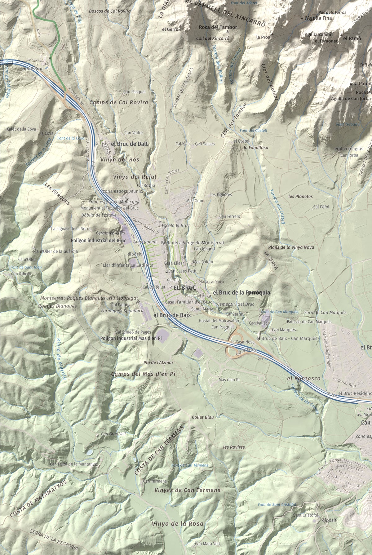 Mapa de relieve de Montgròs, 1133 m, Anoia, lámina 100 Cims de Trobart. Detalle de la zona inferior izquierda. 61 × 91 cm.