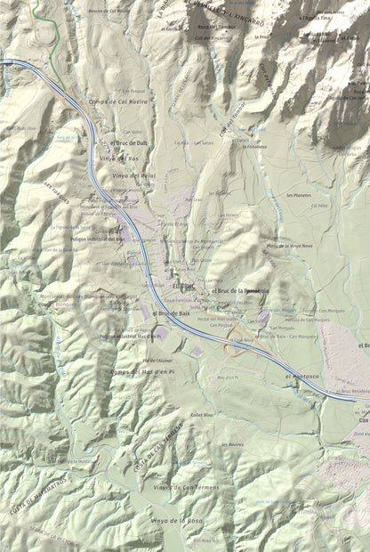 Mapa de relieve de Montgròs, 1133 m, Anoia, lámina 100 Cims de Trobart. Detalle de la zona inferior izquierda. 61 × 91 cm.