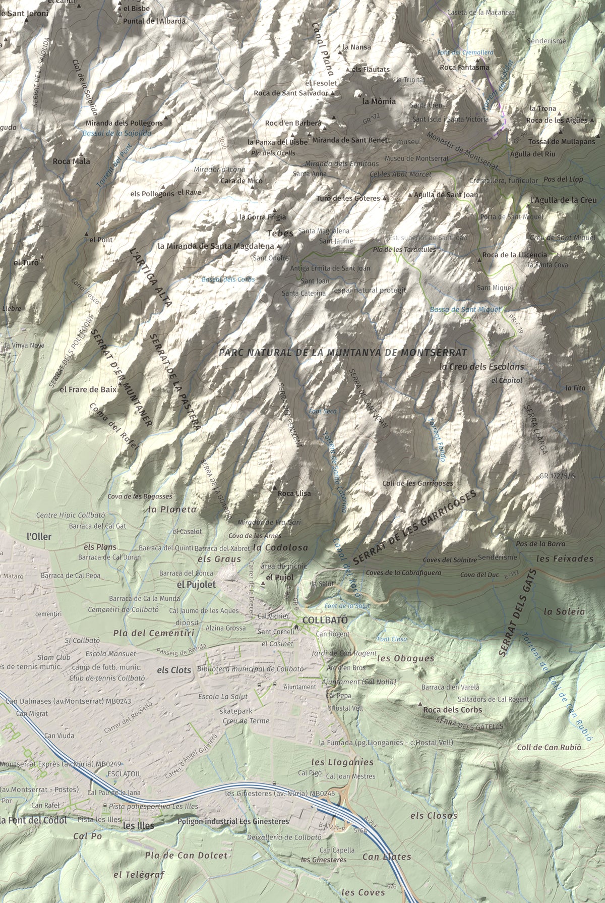 Mapa de relieve de Montgròs, 1133 m, Anoia, lámina 100 Cims de Trobart. Detalle de la zona inferior derecha. 61 × 91 cm.