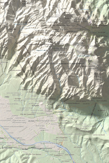Mapa de relieve de Montgròs, 1133 m, Anoia, lámina 100 Cims de Trobart. Detalle de la zona inferior derecha. 61 × 91 cm.