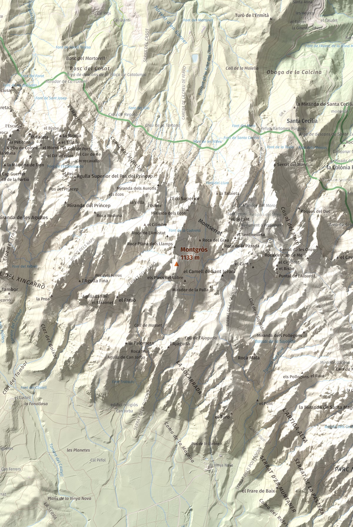 Mapa de relieve de Montgròs, 1133 m, Anoia, lámina 100 Cims de Trobart. Detalle de la zona central. 61 × 91 cm.