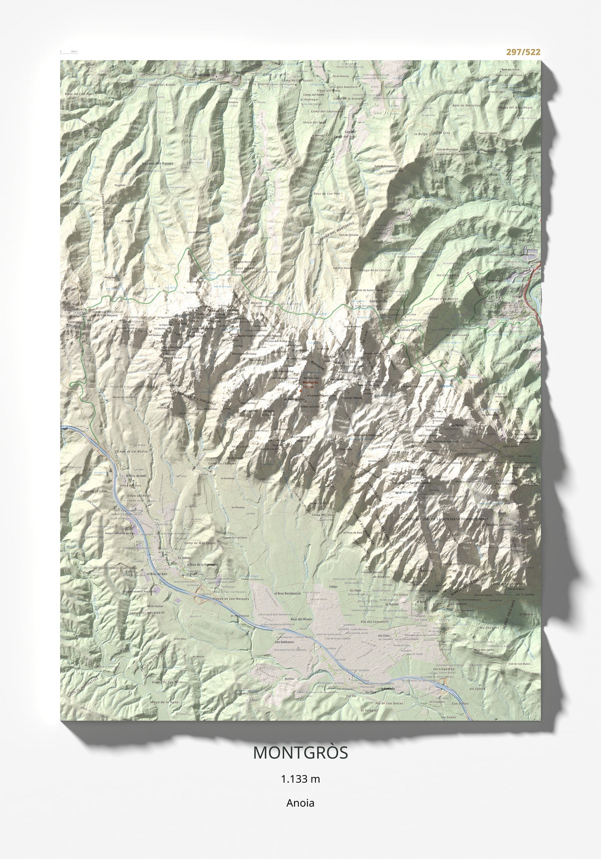 Mapa de relieve de Montgròs, 1133 m, Anoia, lámina 100 Cims de Trobart 70 × 100 cm.