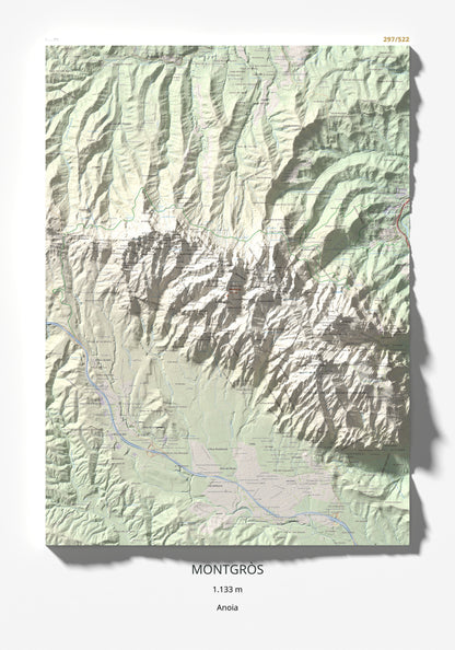 Mapa de relieve de Montgròs, 1133 m, Anoia, lámina 100 Cims de Trobart 70 × 100 cm.