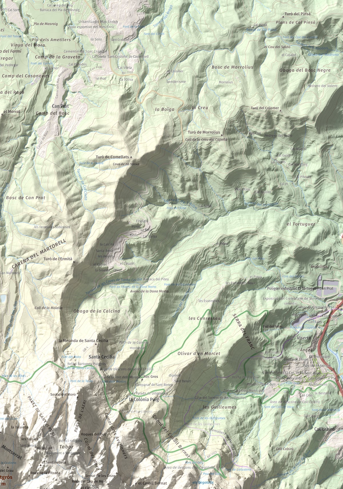 Mapa de relieve de Montgròs, 1133 m, Anoia, lámina 100 Cims de Trobart. Detalle de la zona superior derecha. 70 × 100 cm.